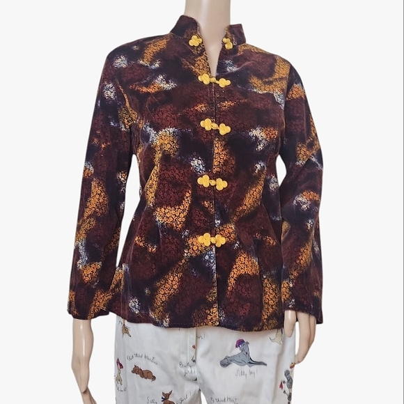 Asian Velvet Mandelian Collar Peony Red Gold Blouse - Picture 1 of 4